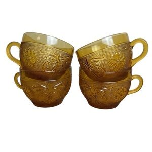 Vintage Indiana Glass Co Tiara Amber Sandwich Glassware Cups Set of 4 MCM